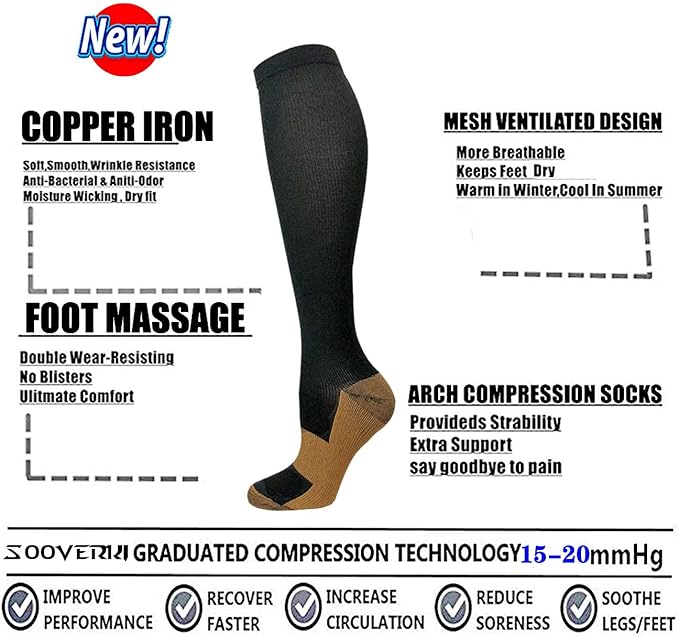 Graduated Copper Compression Socks for Men & Women Circulation 8 Pairs 15-20mmHg - Best for Running Athletic Cycling
