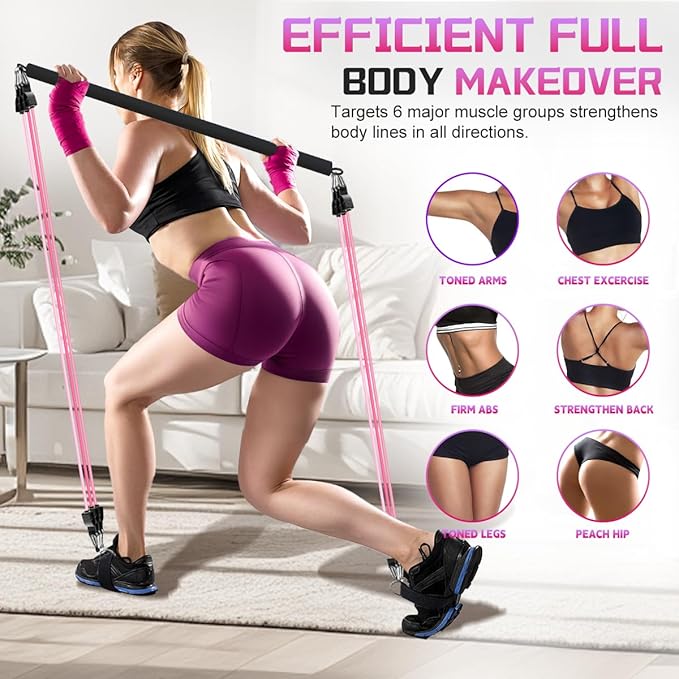 VEICK Pilates Bar Kit with Resistance Bands, Elastic Workout Bands for Men and Women, Set of 5 Resistance Loop Bands for Home Fitness, Stretching, Strength Training, Physical Therap