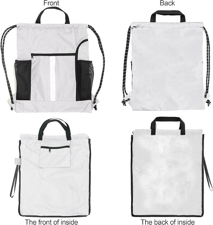 BeeGreen White_Drawstring_Backpack_Bag_Sports_Gym_Backpack with Shoe Compartment and Two Water Bottle Holder for Men Women Large String Athletic Sackpack Workbag White