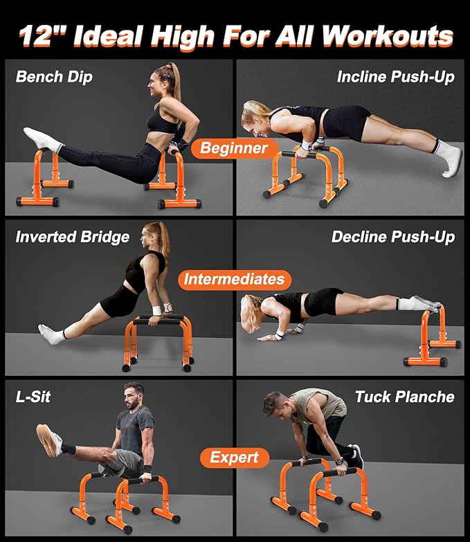 TABEKE Push Up Bar, 12" High Parallettes Bars & Dip Bar With Full-Cover Foam Handles, No Wobbling Calisthenics Equipment For Handstand, L-Sit, Gymnastics, Strength Training Home Gym