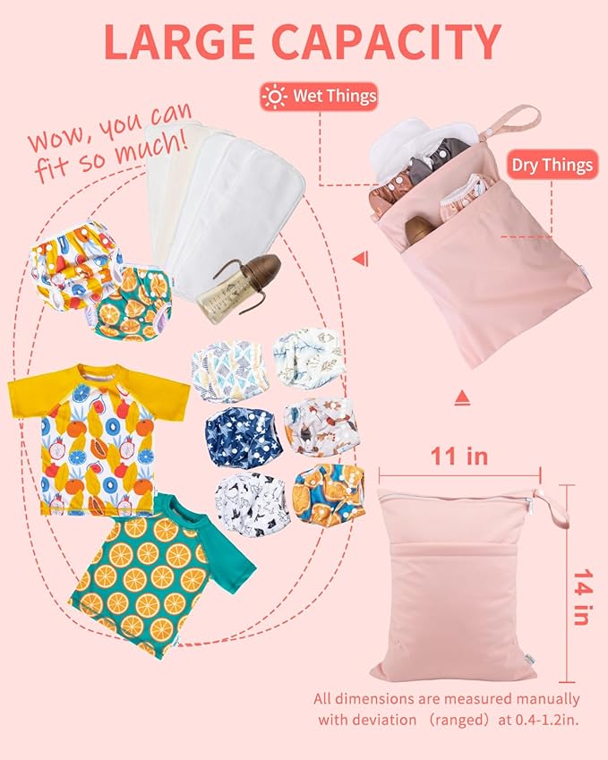 babygoal Wet Dry Bags for Baby Cloth Diapers, Washable Travel Bags, Beach, Pool, Gym Bag for Swimsuits & Wet Clothes with 2 Pockets 3 Pack 3LN09