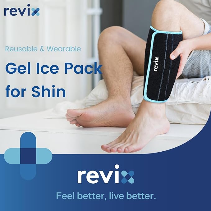 REVIX XL Shin Ice Pack Reusable Gel Cold Pack for Calf and Elbow Discomfort Relief, Leg Cold Therapy Compression Sleeve Refreezable, 360° Full Coverage