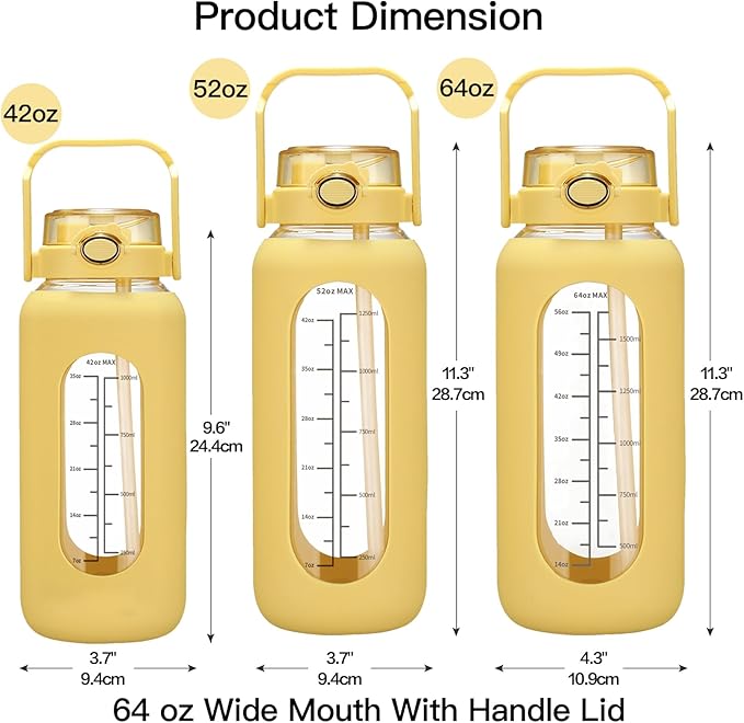 64oz Glass Water Bolttles with Straw Half Gallon Large Motivational Water Bottle with Time Marker Sports Water Bottles with Silicone Sleeve and Handle Lid Water Jug for Gym Workout