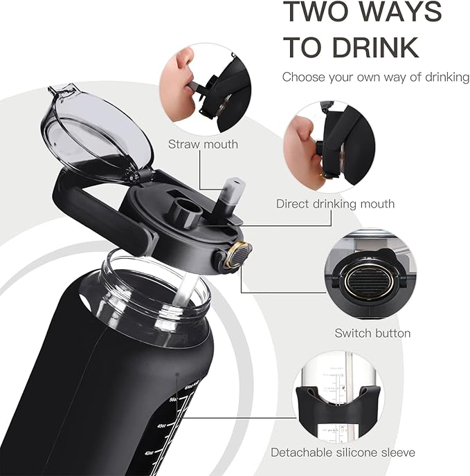 42oz/52oz/64oz Glass Water Bolttles with Straw Half Gallon Large Motivational Water Bottle with Time Marker Sports Water Bottles with Silicone Sleeve and Handle Lid Water Jug for Gym Workout