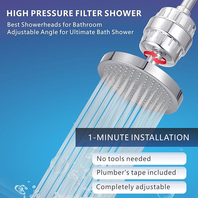 High Pressure Filtered Shower Head Set, 6’’ Rain Shower Filter for Hard Water, Universal Round Showerhead 20 Stage Filtration Removes Impurities for Rejuvenated Skin by Eolax, Chrome