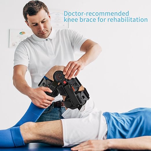 Hinged Knee Brace with Shoulder Strap, Post OP Medical Knee Stabilizer, Adjustable ROM Knee Support, for ACL, Post ACL and Cruciate Ligament Injury Rehabilitation Fit Right or Left Foot Unisex