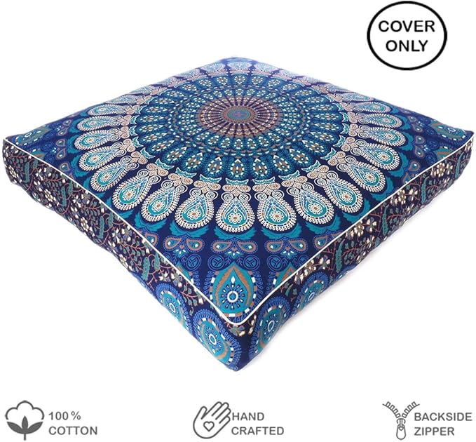 Eyes of India - Mandala Floor Pillow Cover Meditation Cushion Seating Throw Hippie Round Colorful Decorative Bohemian Indian Pouf Ottoman Handmade Cover ONLY (Dark Blue-1, 35" x 35")