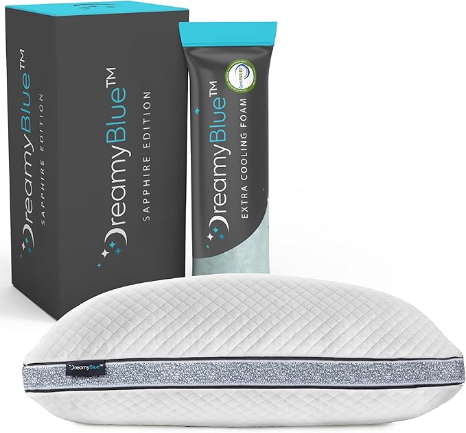 DreamyBlue Gusseted Sapphire Pillow • Adjustable Loft, Luxury Cover, Shredded Memory Foam Fill w/Cooling Beads • Ideal for Wide Shoulders • Neutral Alignment for All • CertiPUR-US Certified (King)