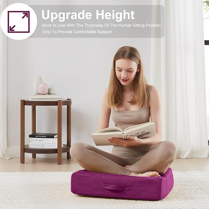2 Pcs High Density Foam Floor Pillow - Upgraded Large Pillows Seating for Adults - Outdoor Floor Cushion with Soft Tufted Cover - Yoga Pillows for Sitting On Floor - 22 Inch Purple