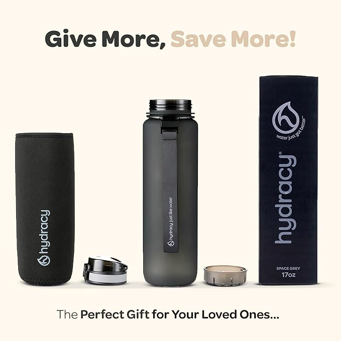 Hydracy Water Bottle with Time Marker -Large BPA Free Water Bottle & No Sweat Sleeve -Leak Proof Gym Bottle with Fruit Infuser Strainer & Times to Drink -Ideal for Fitness Sports & Outdoors