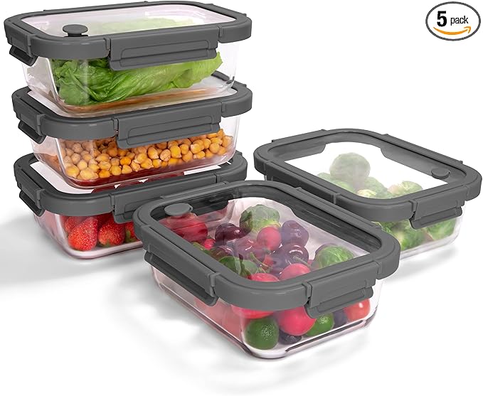 5-Pack Borosilicate Glass Containers with Tempered Lids, 35.2oz/4.4 Cup Airtight Meal Prep Set, Microwave/Freezer Safe (Gray)