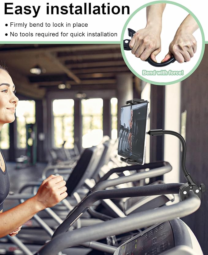 Gooseneck Handlebar Tablet Holder for Bicycle/Treadmill/Stroller, Wheelchair Tablet Mount with Flexible Arm for iPad Pro/Air/Mini, Galaxy, 6.1-15.6" Devices and Thickness Cases [Up to 1.18"]