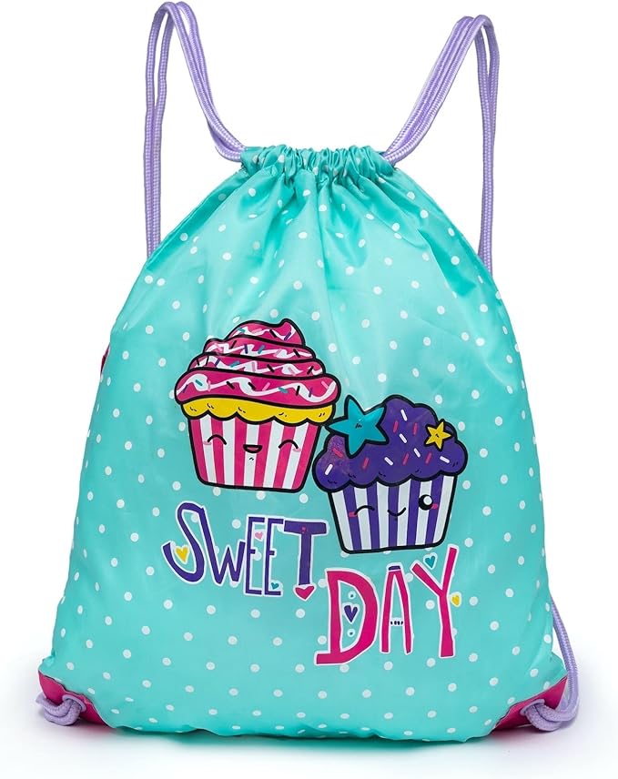 Girls Drawstring Backpack, Sport Cinch Bag (Ice Green -Cupcake)