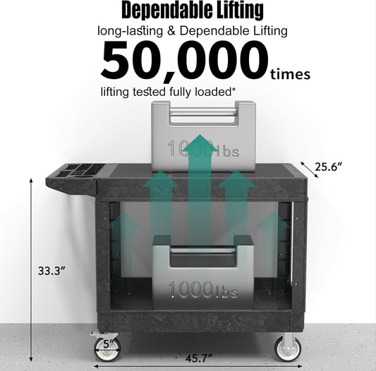 Utility Cart on Wheels, Heavy Duty Large Flat Top Rolling Service Cart, 46 x 25 Inch Work Carts, 2 Shelf 1000 lbs Capacity Plastic Tool Cart, for Warehouse, Garage, Cleaning, Black