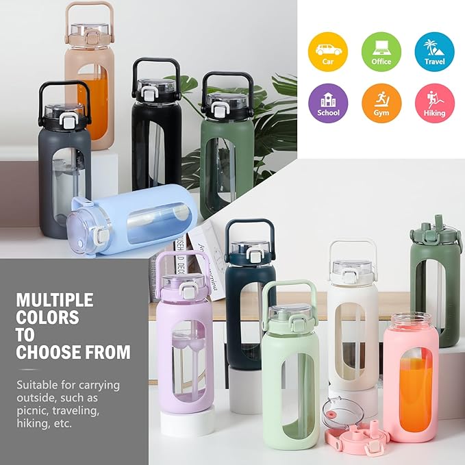 BLUEGO 64oz Glass Water Bottles with Straw Time Marker Half Gallon Large Motivational Water Bottle with Silicone Sleeve 2 Liter Large Glass Water Jug for Gym, Sports& Workout, Daily, Dark Grey