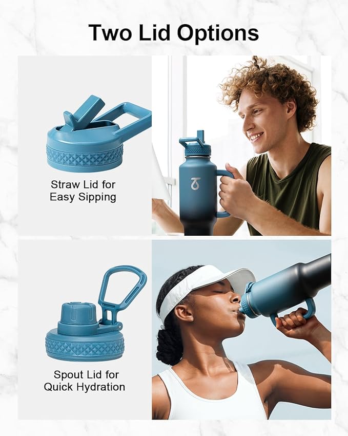 Trebo Insulated Water Bottle 40oz that Fits in Car Cup Holder with Spout Straw Lids, Stainless Steel Bottles Travel Flask with Handle, Metal Reusable Tumbler, Leakproof Keep Cold &Hot,Indigo/Black