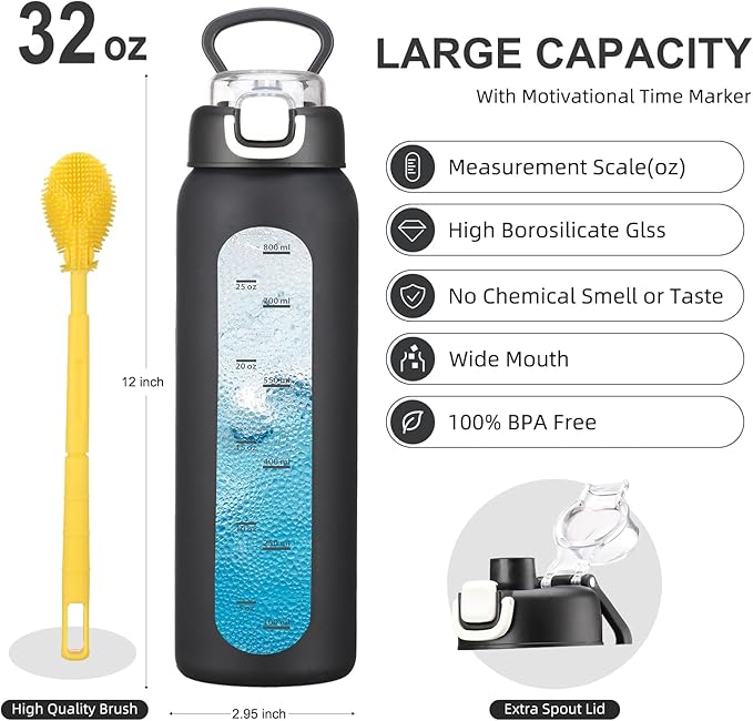 32 oz Glass Water Bottles with 2 Lids-Handle Spout Lid & Straw Lid, 1 Liter Motivational Borosilicate Water Bottle with Time Marker and Silicone Sleeve,Leakproof-Black-1 Pack