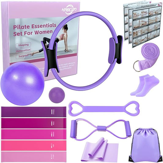 KABCON Pilates Equipment Essentials Set for Women at Home with Complete User Guide,13” Pilates Ring,9.8” Exercise Ball,Resistance Bands,Yoga Socks,Yoga Strap,13/14/16-Pcs Starter Workout Set