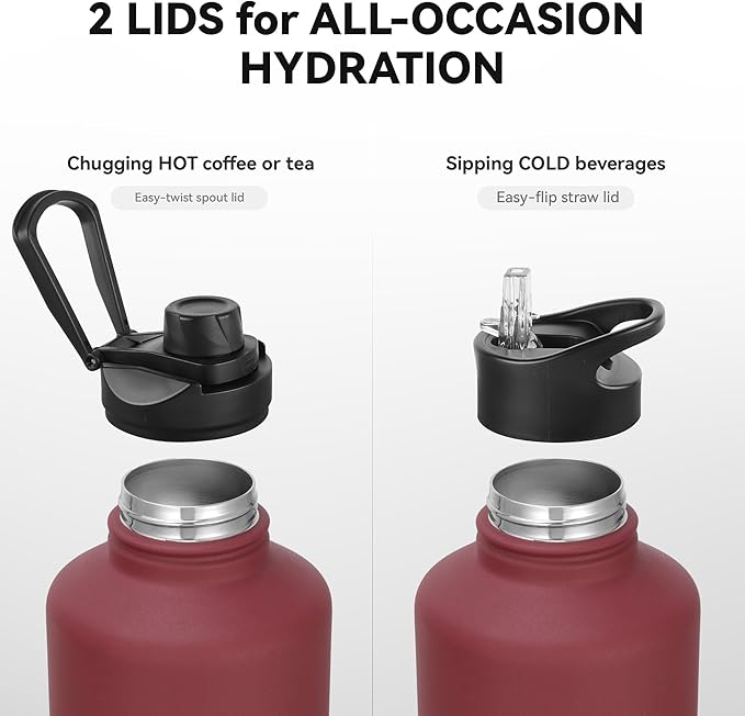 64 oz Insulated Water Bottle with Straw & Spout Lids, Stainless Steel Metal Half Gallon Water Jug with Paracord Handle, Double Wall Vacuum, Leakproof, Keep Drinks Cold & Hot, Brick Red