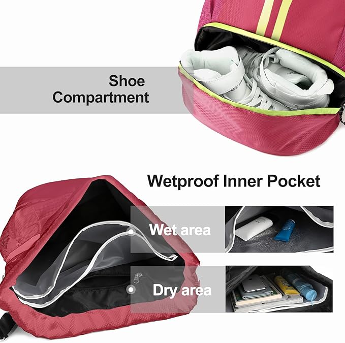 Hoedia Sports Drawstring Backpack - String Swim Gym Bag with Shoes Compartment and Wet Proof Pocket for Women/Men (Pink)