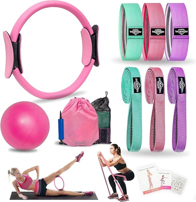 Pilates Essentials Kit for Home Women, Pilates Equipment for Workouts, 6 Fabric Resistance Bands, 12 Inch Magic Circle Yoga Ring, Mini Exercise Ball, Great Exercise Equipment