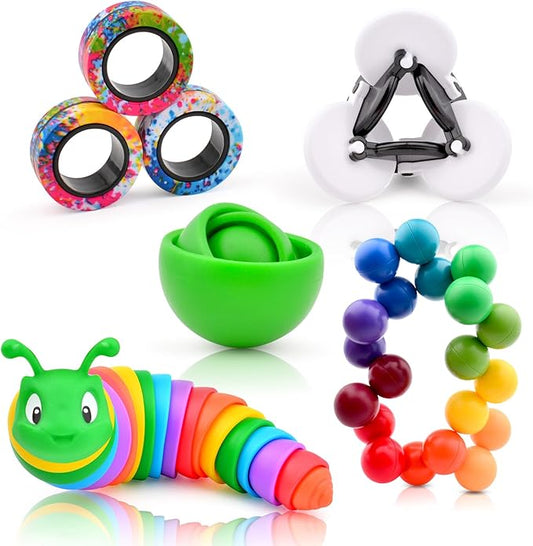 Fidget Toys Adults Pack, Sensory Toys Set for Kids, Fidget Spinner Slug Magnetic Rings, Cool Gadget Gift for Girls Boys Teens ADHD Autism Stress Relief Desk Toy Easter Basket Stuffers
