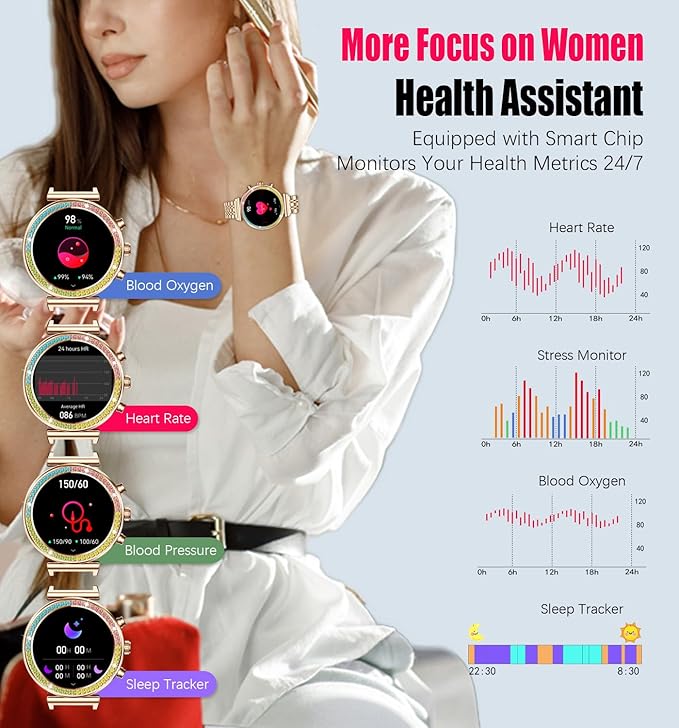 Fitness Smart Watch for Women, 1.27" HD Display, Bluetooth Calls, Waterproof Sports Women's Smartwatch, Heart Rate Monitor, Pedometer – Compatible with Android & iOS (Full Gold)
