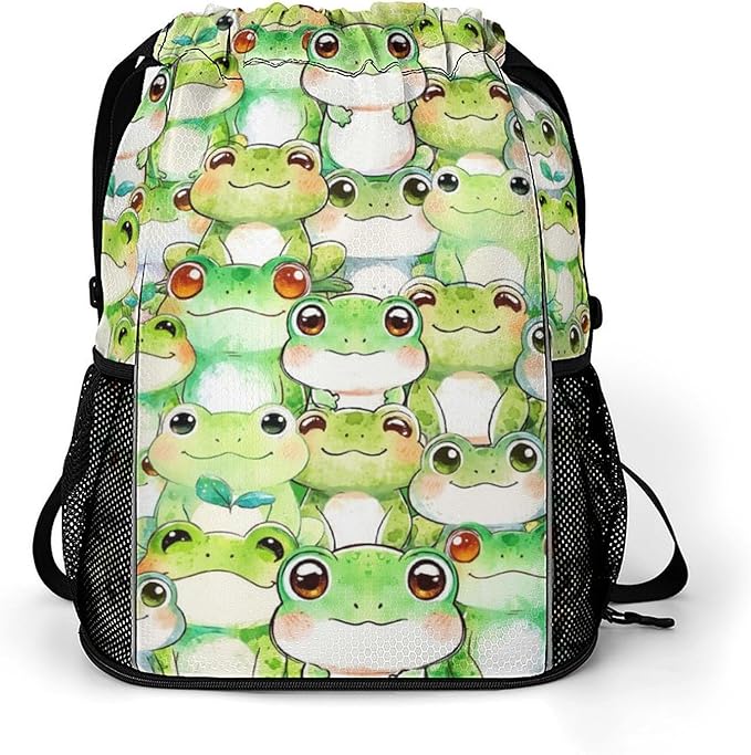 Frog Drawstring Backpack - Cute Cinch Sack, String Backpacks with Pocket for Kids Women Men Boys Girls for Gym Outdoor Sports Travel Athletic Drawstring Bag - Lightweight/Foldable