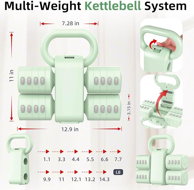 2-in-1 Adjustable Dumbbell Set, Upgraded 5 Levels Heavier Hand Weights for Women Men, Each 2.2/3.3/4.4/5.5/6.6lb, Convertible Weights Dumbbells and Kettlebell Set for Home Gym Exercise & Fitness