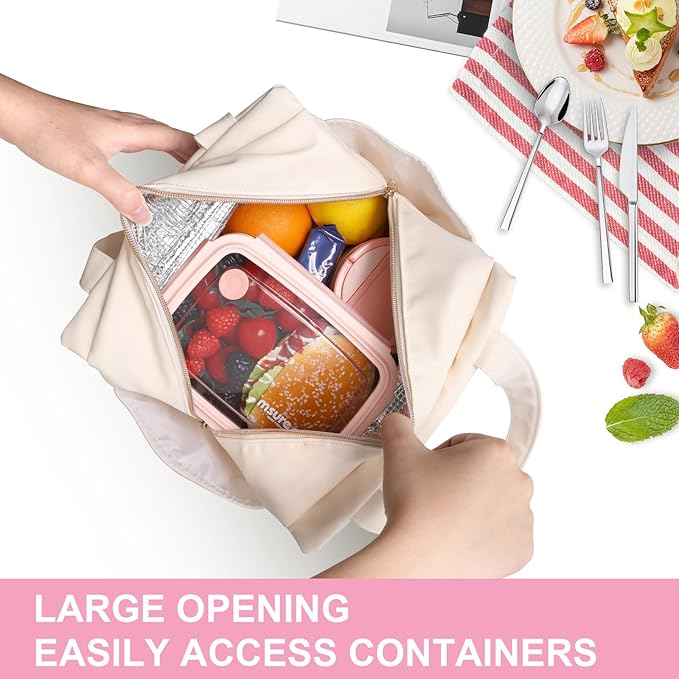 Joymee Leather Lunch Box Lunch Bag for Women Adult Insulated Reusable Leakproof Large Spacious Lunch Cooler Lunch Tote Bag with Bottle Holder and Side Pockets for Work Picnic Beach (Letter A)