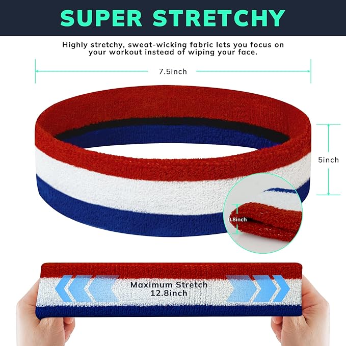 Sweatbands Sports Headband for Men & Women - Terry Cloth Moisture-Wicking Sports Towel Headband for Tennis, Basketball, Running, Gym, and Fitness Working Out