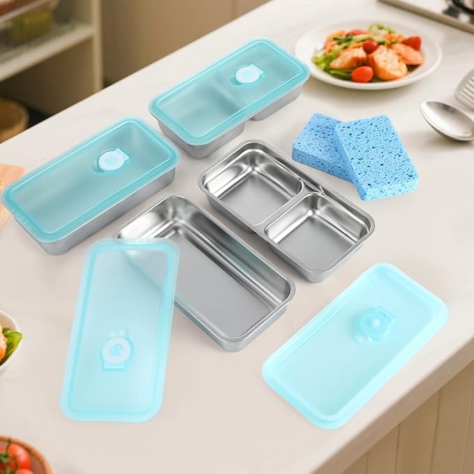 4Pcs Grab and Go Snack Containers with 2 Cleaning Sponge, Stainless Steel Snack Container, Reusable Meal Holder with Lids for Food, Meal, Dip, Condiment (One/Double Compartment)