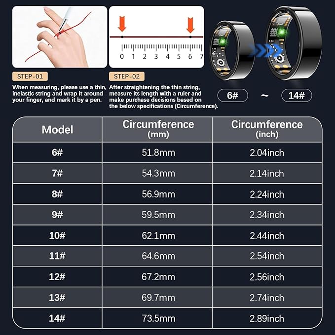 Smart Health Ring for Women Men, Fitness Tracker Ring with Heart Rate, Blood Oxygen, Sleep Tracker, Step Tracker, No Subscription Fee, IP68 Waterproof Smart Ring for iPhone & Android (Black, 14#)