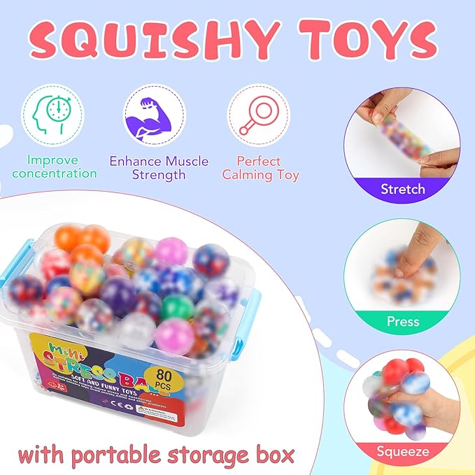 VESPRO 80Pack Stress Balls for Adults, Squishy Toys, Bulk Squishy Squeeze Balls Fidget Toys, Anxiety and Stress Relief Ball for Adults, Party Favors, Birthday Gift and Goodie Bag Stuffers