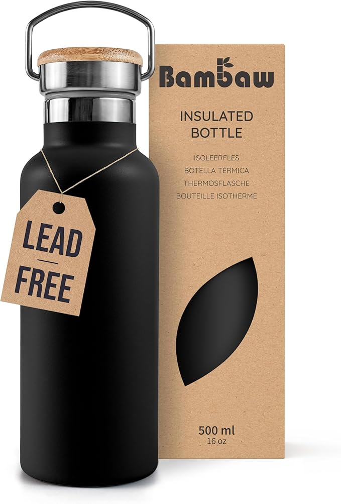 Bambaw Insulated Water Bottle 16 oz, Black Water Bottle, Stainless Steel Water Bottle, Dishwasher Safe Water Bottle, Travel Water Bottle No Straw, Metal Water Bottle – Jet Black