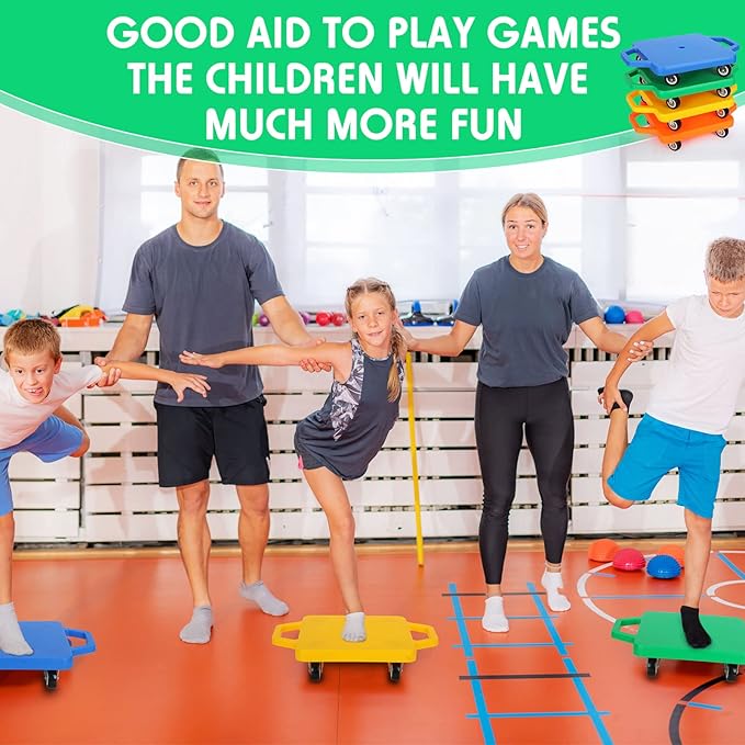 Jerify 4 Pieces Sports Scooter Board with Handles Plastic Casters Floor Sitting Scooter Boards for Kids Children Gym Indoor Outdoor Activities Play Equipment, 11.22 x 11.22 inch