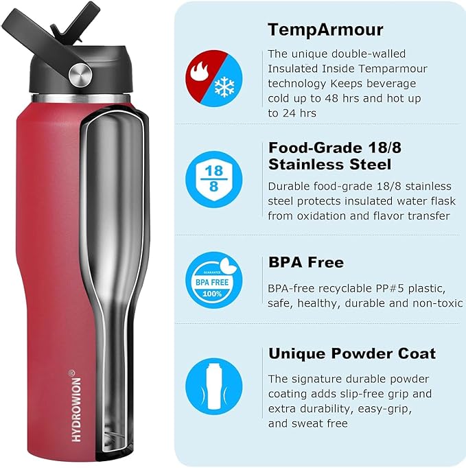 HYDROWION Water Bottle Stainless Steel,Vacuum Insulated Leak Proof Tumbler 32oz with Straw Lid, Spout Lid and Flex Cap(Cold for 48 Hrs, Hot for 24 Hrs), Fit in Any Car Cup Holder, Red