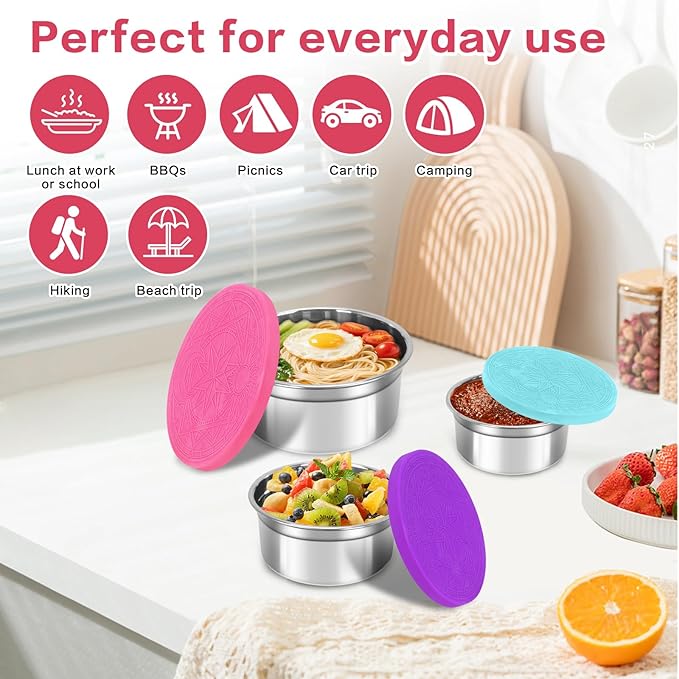 6 Pack Reusable Stainless Steel Snack Containers with Lids Set, Round Nesting Salad Dressing Container To Go, Metal Food Containers for Lunch Box Meal Prep (Size 38oz, 25oz, 12oz, 6.4oz, 3.8oz, 2.2oz)