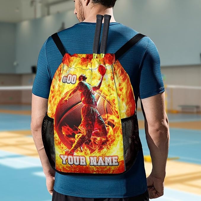 Custom Basketball Drawstring Backpack - Cool Cinch Sack, String Backpacks with Pocket for Kids Women Men Boys Girls for Gym Outdoor Sports Travel Athletic Drawstring Bag - Lightweight/Foldable