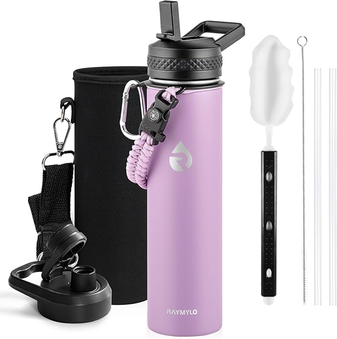Insulated Water Bottle 24oz, Triple Wall Vacuum Stainless Steel (Cold for 48 Hrs, Hot for 24Hrs), Leak Proof & Non-BPA, 24oz Hydro Water Flask with Paracord Handle & Straw Spout Lids