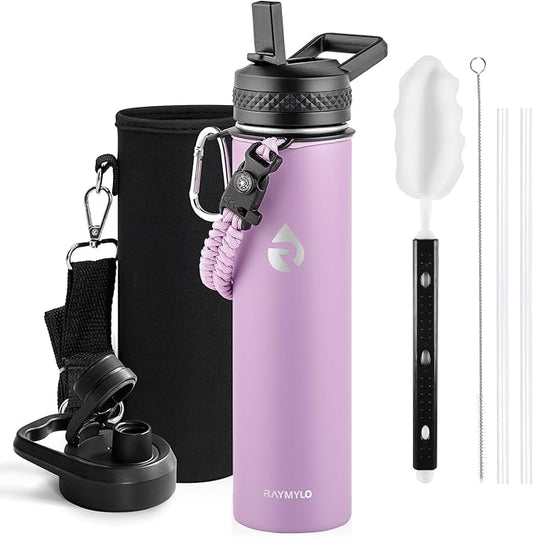 Insulated Water Bottle 24oz, Triple Wall Vacuum Stainless Steel (Cold for 48 Hrs, Hot for 24Hrs), Leak Proof & Non-BPA, 24oz Hydro Water Flask with Paracord Handle & Straw Spout Lids
