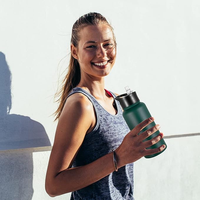 32 oz Insulated Water Bottle Bulk 8 Pack, Stainless Steel Sports Water Bottles with Straw Lid & Wide Mouth Lids, Double Walled Vacuum, Leak Proof, Dark Green