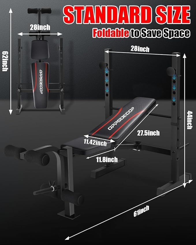 OPPSDECOR Standard Weight Bench Set with Squat Rack, 600LBS Adjustable Bench Press Set with Leg Extension and Leg Curl, Foldable Flat Incline Decline Workout Bench for Home Gym Full Body Training