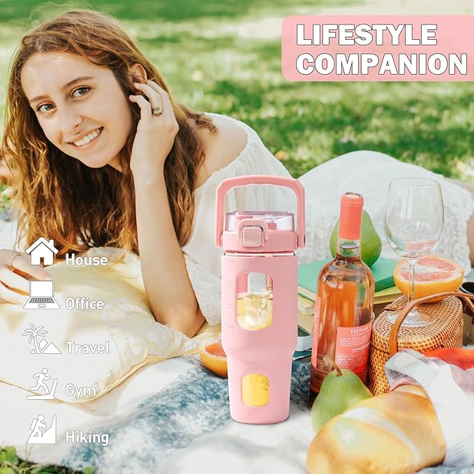 BLUEGO 32oz Glass Tumbler with Lid and Handle, Iced Coffee Cup with Straws, Glass Water Bottle with Silicone Sleeve and Volume, Marker Glass Cup with Time Marking, BPA Free, Pink