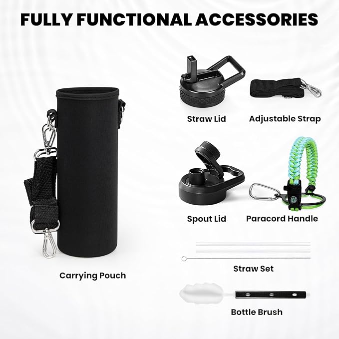 Insulated Water Bottle 24oz, Triple Wall Vacuum Stainless Steel (Cold for 48 Hrs, Hot for 24Hrs), Leak Proof & Non-BPA, 24oz Hydro Water Flask with Paracord Handle & Straw Spout Lids