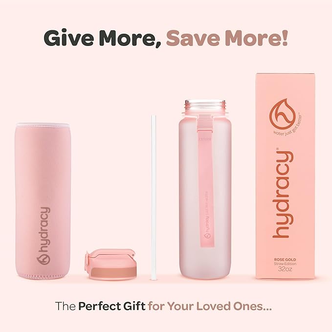 Hydracy Water Bottle with Time Marker -Large BPA Free Water Bottle & No Sweat Sleeve -Leak Proof Gym Bottle with Fruit Infuser Strainer & Times to Drink -Ideal for Fitness Sports & Outdoors