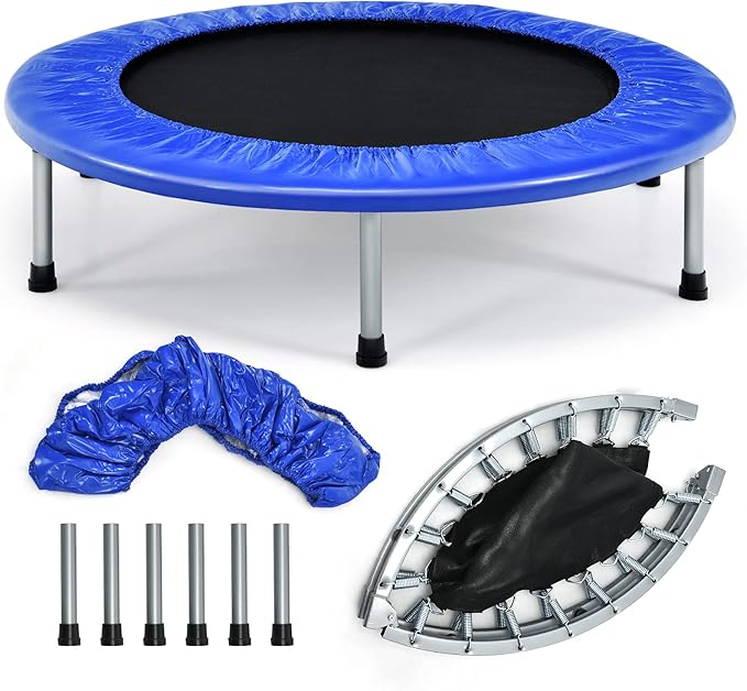 GYMAX Rebounder Trampoline for Adults, Mini Exercise Trampoline with Safety Pad, Foldable Rebounding Fitness Trampoline for Indoor/Outdoor, Small Workout Trampoline for Adults (Blue)