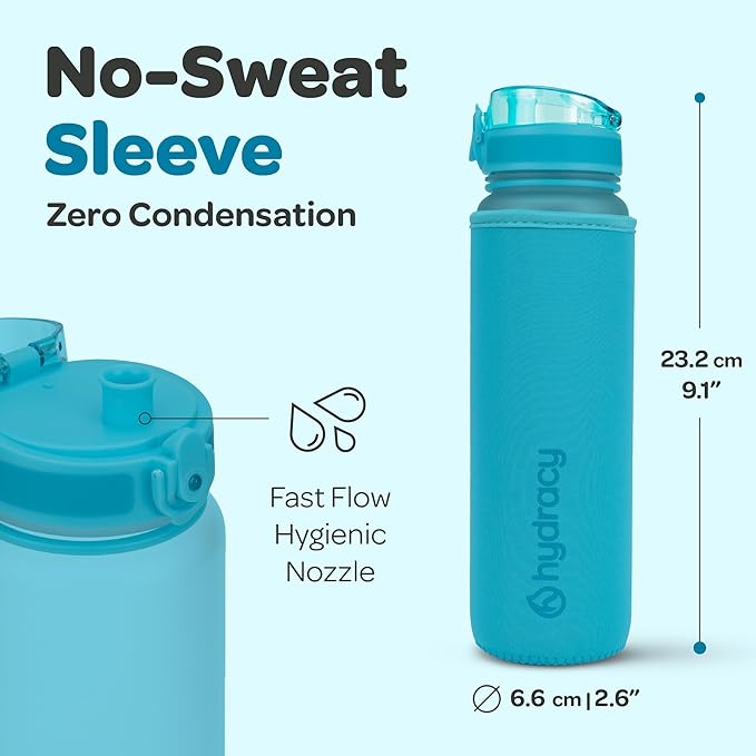 Hydracy Water Bottle with Time Marker -Large BPA Free Water Bottle & No Sweat Sleeve -Leak Proof Gym Bottle with Fruit Infuser Strainer & Times to Drink -Ideal for Fitness Sports & Outdoors