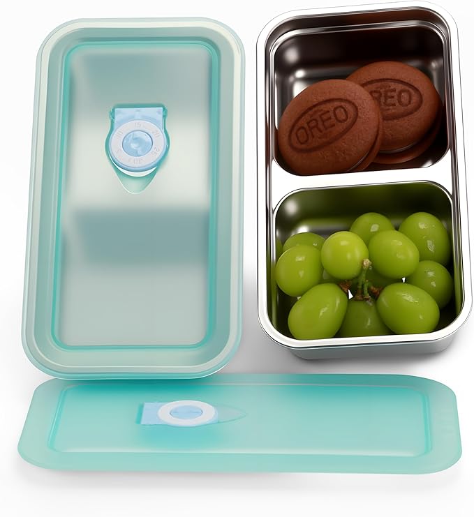 Stainless Steel Snack Containers for Kids and Adults [2/4/6-Pack Set] Reusable Food Storage Container Set with Lids-2 Compartment Bento Box for Lunch,Travel, Meal Prep- Leakproof & Dishwasher Safe(2)