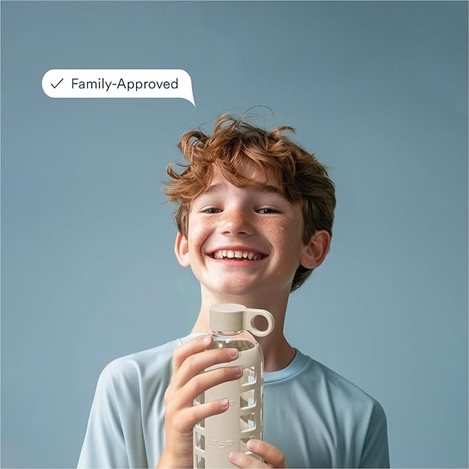 purifyou 40oz / 32oz / 22oz / 12oz Borosilicate Glass Water Bottle with Time & Volume Markers, Silicone Sleeve, Stainless Steel Lid | Reusable Glass Bottle for Water & Juice (22oz Pearled Ivory)